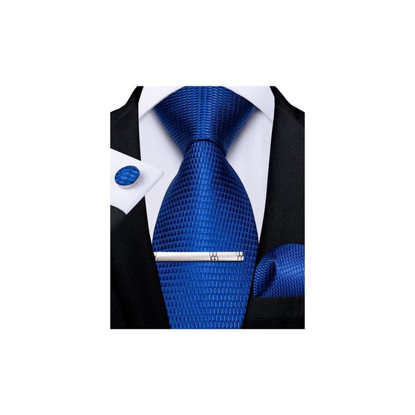 DiBanGu Men's Solid Royal Blue Ties Wedding Plain Necktie Pocket Square Cufflink Tie Clip Set