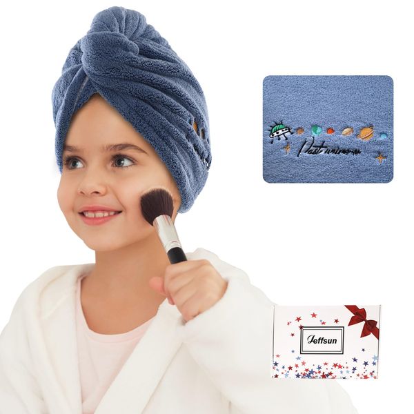 JEFFSUN Microfiber Hair Drying Towel for Women Girls, Super Absorbent Quick Dry Towel Wrap for Curly Long Thick Frizzy Wet Hair, Easy to Use Hold Hair Turban (Blue-Universe)