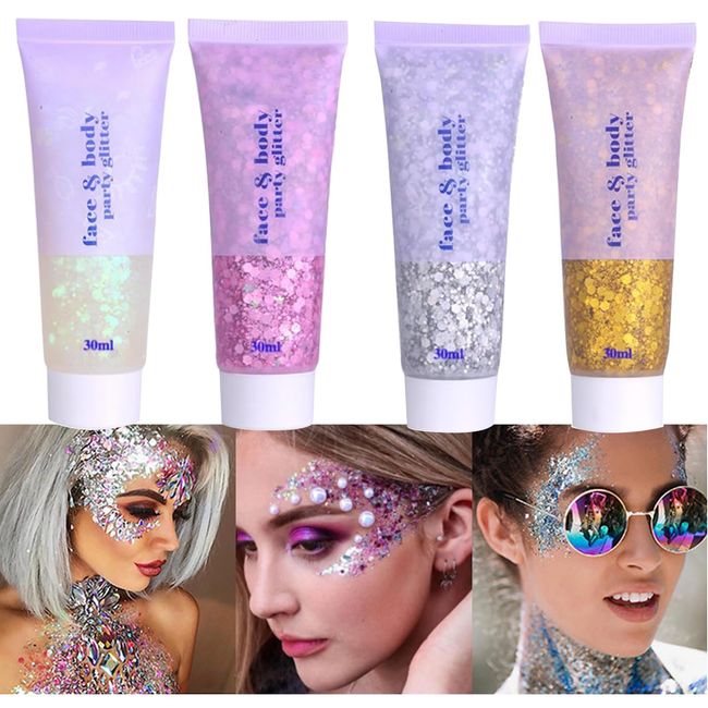 4 Colors Body Glitter Gel,Face Glitter Body Gel Singer Concerts Makeup,Sparkling Holographic Gel Long Lasting Chunky Sequins Glitters for Eye Lip Hair Nails,Festival Rave Accessories Halloween Makeup