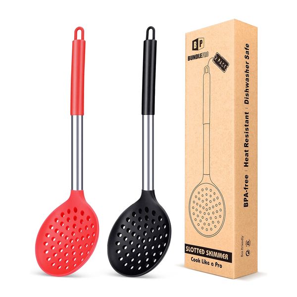 Kitchen Ladle Strainer Set of 2 Large Slotted Spoon with High Heat Resistant BPA Free Non Stick Cooking Skimmers For Draining & Frying (Black and Red)