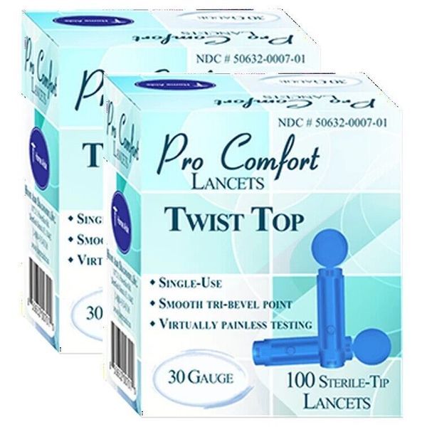 2 PACK Pro Comfort Twist Top Sterile-Tip Lancets 30 Gauge, 200ct Total NEW