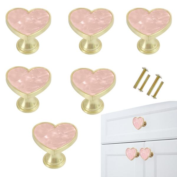 YYMSEN 6 Pcs Brass Knobs Drawer Pulls Handles Heart-Shaped Gold Cabinet knobs, Suitable for Bathroom Drawer Kitchen Door Pulls Handles Heart-Shaped Handles (Pink)