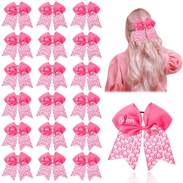 Retrowavy 18 Pcs 7 Inch Breast Cancer Awareness Cheerleader Bows Pink Ribbon Hair Bows Accessories Large Bow Hair Tie Ponytail Holder Elastic Band for Teens Women Public Charity (Believe)