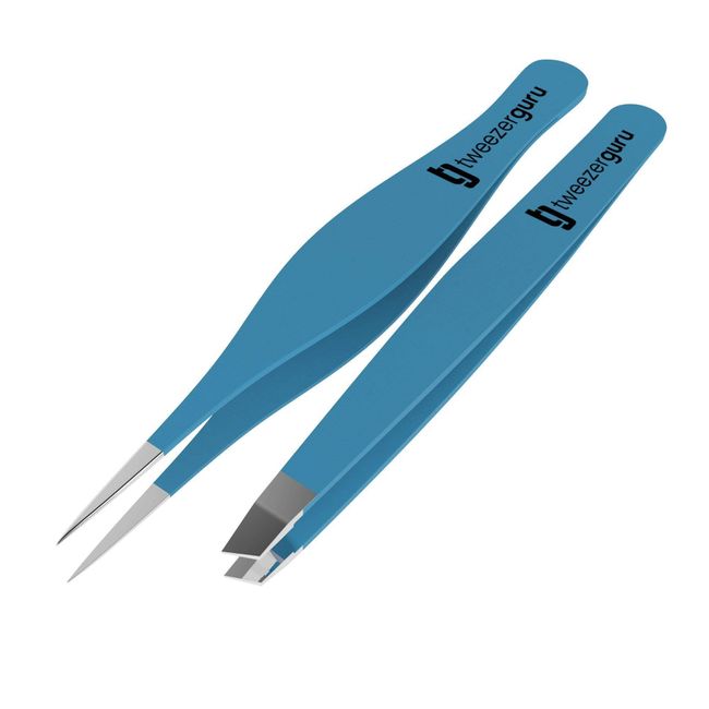 Tweezer Guru Eyebrow Tweezers for Women & Men - Set of 2, Professional, Stainless Steel, Slant and Pointed Tweezers for Ingrown Hair, Splinters and Blackhead Removal (Teal)