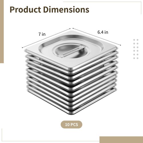 10 PCS 1/6 Steam Table Pan Lids, Stainless Steel Steam Table Pan Dustproof Cover, Universal Pan Lid with Handle for Restaurants, Hotels, Catering Services, Parties