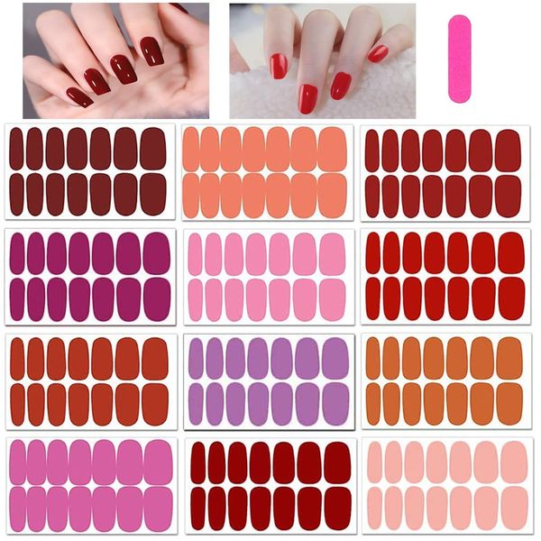 Mwoot 12 Sheets Red Series Solid Color Nail Stickers, Full Nail Wraps Warm Color Nail Polish Strips Stickers, Nail Art Adhesive Decals with Nail File for Women