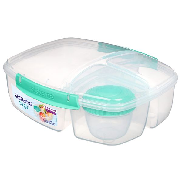 Sistema To Go Triple Split Lunch Box with Yoghurt Pot | 2L Air-Tight and Stackable Food Storage Container | BPA-Free | Assorted Colours