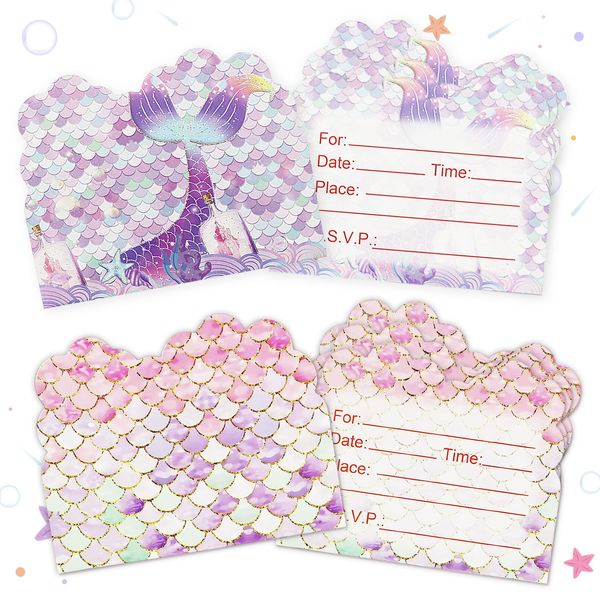 40pcs Birthday Invitations for Girls, Lovely Mermaid Themed Party Invitations Cards, Kids Party Invitations for Girls Double-Sided Printed (Pink+Purple)