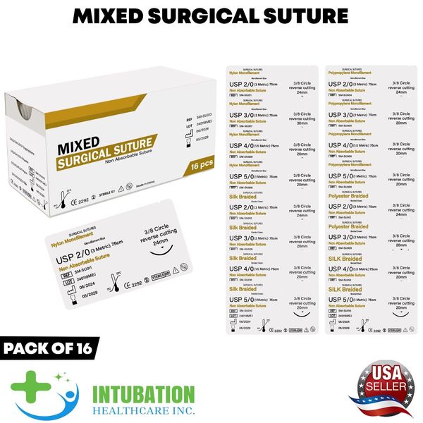 Mixed Non Absorbable Sutures Thread with Needle Training Sutures Pack of 16 Pcs