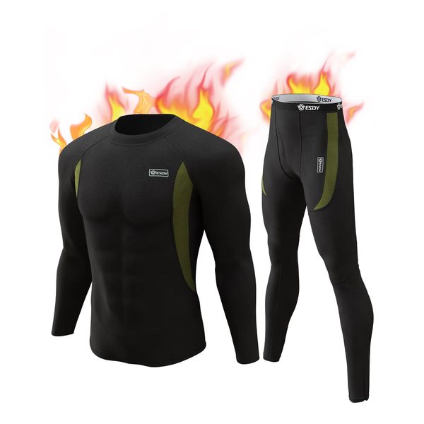 CL convallaria Thermal Underwear for Men with Fly, Long Johns Winter Hunting Gear Sport Base Layer Top and Bottom Set Midweight -Crew Neck-Black-L