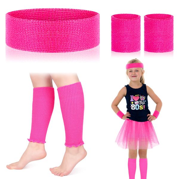 BBTO 80s Leg Warmers for Girls kids Pink Neon Leg Warmers 1980s Accessories Set Headband Wristband Fancy Dress for Party Costumes