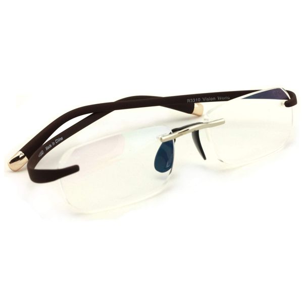 V.W.E Rectangular Rimless Memory Flex Temple Reading Glasses With Anti-reflective AR Coating (Brown, 2.25)