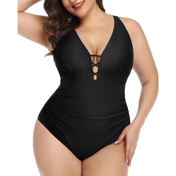 Yonique Women Plus Size One Piece Swimsuit Tummy Control Bathing Suits Lace up Plunge Swimwear Black 18W