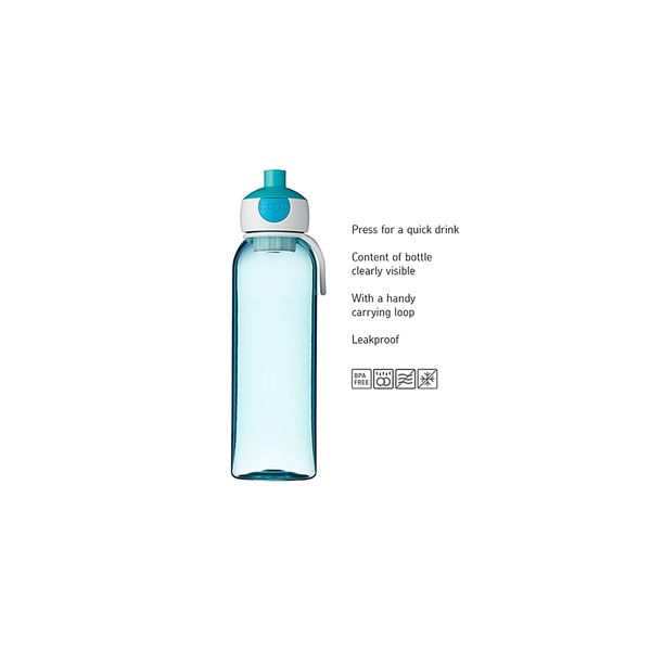 Mepal - Water Bottle Pop-Up Campus - Leak Proof Water Bottle for School & On The Go - Transparent Drinking Bottle - BPA-Free & Dishwasher Safe - 500 ml - Turquoise