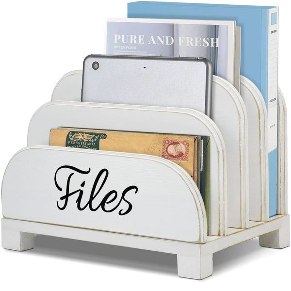 Anwelynd File Organizer for Desk, 4 Slots Wood Desktop File Organizer for Document Letter Envelope Mail Paper Folder Bill, Desktop File Folder Holder for Desk Organizer and Accessories