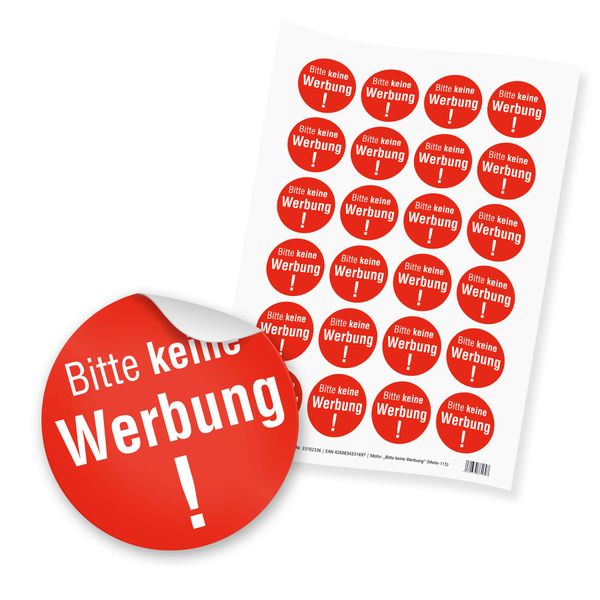 itenga 24x Sticker Aufkleber Etikett Bitte Keine Werbung (Motiv 115) rot weiß rund 4cm DIN A4 Bogen