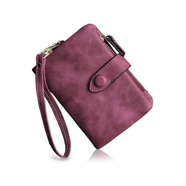 PofeeXIO Womens Small Bifold Leather Wallets RFID Ladies Wristlet with Card Slots id Window Zipper Coin Purse (Purple)