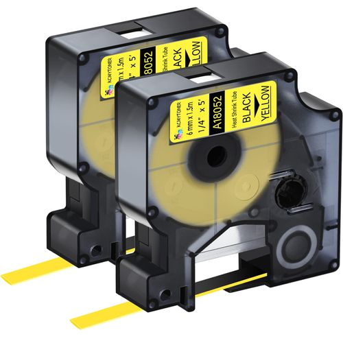 KCMYTONER 2 Pack Compatible for Dymo 18052 6mm Black on Yellow Heat Shrink Tubing 1/4" Industrial Label Maker Label Tape for Rhino 1000 3000 4200 5000 5200 6000 LabelManager 450 Duo LabelWriter