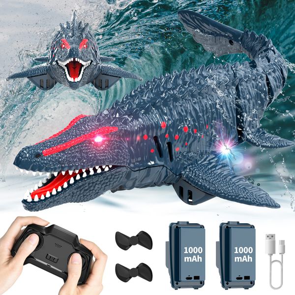 Haijon Remote Control Mosasaurus RC Boat Dinosaur, Fast Radio Remote Control Boats 2.4GHz with LED Lights for Seas, Pools & Lakes, Boat Toys Christmas and Birthday Dinosaurs Gift for Kids (Blue)