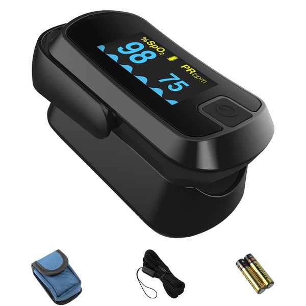 MIBEST Black OLED Finger Pulse Oximeter - Blood Oxygen Saturation Monitor - SPO2 Pulse Oximeter - Portable Oxygen Sensor with Included Batteries - O2 Saturation Monitor with Respiration Rate and PI