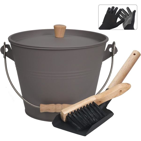 1.3 Gallon Gray Fireplace Ash Bucket with Lid, Shovel & Broom for Fire Pit