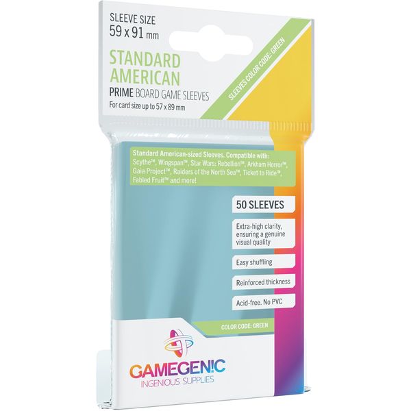 Prime Board Game Sleeves | Pack of 50 Extra-Clear Sleeves | 59 by 91 mm Card Sleeves Optimized for Standard American Card Games | Premium Card Protection | FFG Green Color Code | Made by Gamegenic