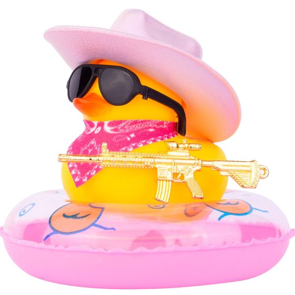 MuMyer Rubber Ducks for Cars Dashboard, Cowboy Duck Car Dashboard Decorations Accessories with Mini Holographic Cowboy Hat Swim Ring Scarf Sunglasses and Special Prop(Pink-Pink)