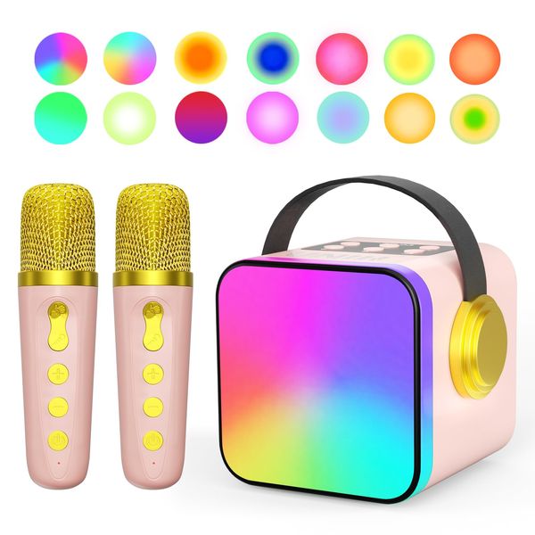 UNIH Mini Karaoke Machine for Kids Adults,Portable Bluetooth Karaoke Speaker with 2 Wilreless Microphones,14 Lighting Modes,Gifts Toys for Girls Boys 4, 5, 6, 7, 8+ Years Old Toddler Teens (Pink)