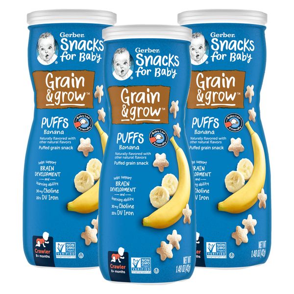 Gerber Snacks for Baby Grain & Grow Puffs, Banana, Puffed Whole Grain Snack for Crawlers, Non-GMO & Baby Led Friendly, 1.48-Ounce Canister (Pack of 3)