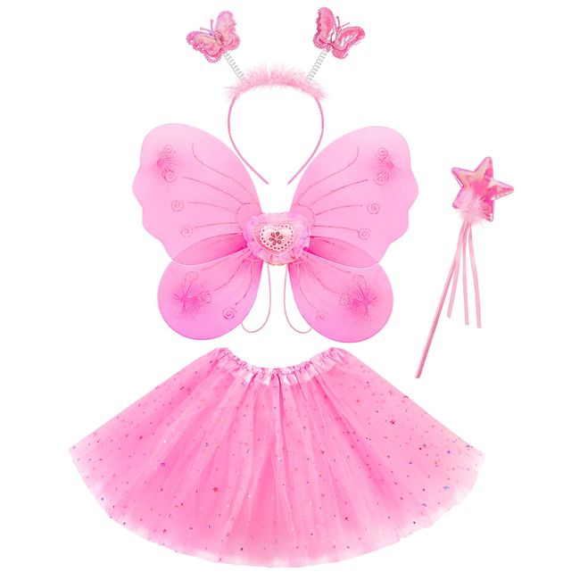 Lainlight 4 Pcs Butterfly Fairy Costume for Girls Kids Princess Cosplay Costume Set with Wings, Tutu Skirt, Wand for Girls 3-8 Years Pink