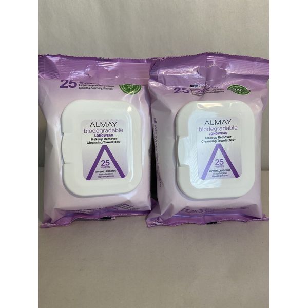 2 Almay Biodegradable LONGWEAR Makeup Remover Cleansing Towelettes Wipes 25 each