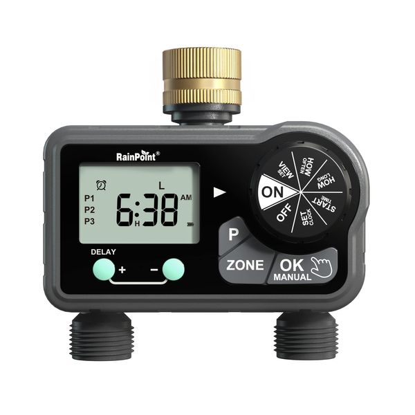 RAINPOINT Brass Sprinkler Timer 2 Stations, Large Digital Water Timer for Garden Hose with 6 Programmable Procedure, Hose Timer with Delay/Manual/Auto Irrigation Mode for Week/Specific/Daily Watering