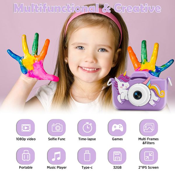 Kids Camera Toys for 3 4 5 6 7 8 9 10 Years Old Girl Boys,Children Digital Camera with Protective Silicone Cover,Toddler Camera,Kids Camera for Girls Christmas Birthday Gifts with 32GB SD Card Purple