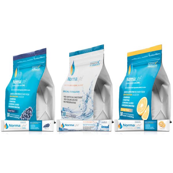 NormaLyte Oral Rehydration Salts-Helps Dietary Management of POTS Syndrome Symptoms- 3 Pouches -30 Sticks Each-Grape,Orange & Pure| Energy Supplements, Potassium Supplement, Dehydration Recovery