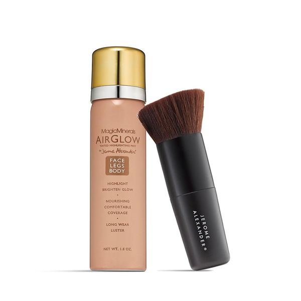 Jerome Alexander AirGlow Hydrating Luminizer with Hyaluronic Acid - 3-in-1 Spray Primer, Highlighter, and Complexion Booster for Face and Body, 2 Piece set with Kabuki Brush, Champagne Glow