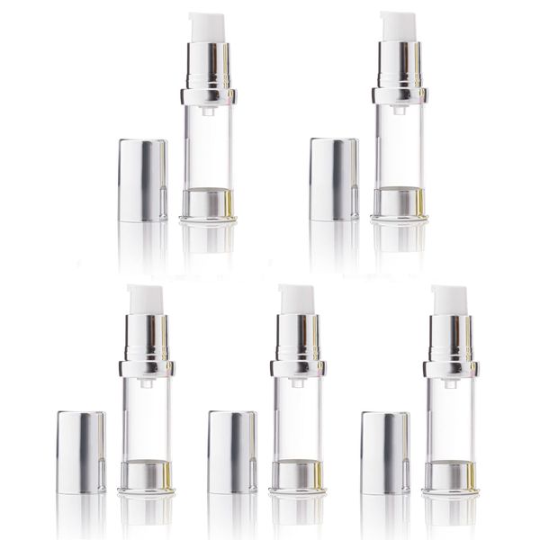 Airless Pump Bottles Pack of 5 empty Plastic Pump Travel Bottle Lotion Dispenser foundation cream gel cosmetics (Silver 7.5ml)