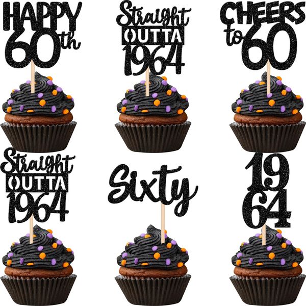 30PCS Black 60th Birthday Cupcake Toppers Glitter Sixty Happy 60th Straight Outta 1964 Cupcake Picks for Cheers to 60 Years 60th Birthday Wedding Anniversary Party Decoration Supplies