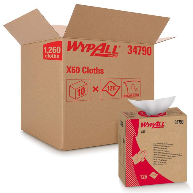 Wypall - KCC34790CT X60 Reusable Cloths (34790) in Convenient Pop-Up Box, White, 10 Boxes / Case, 126 Sheets / Box