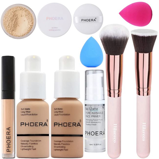 PHOERA Foundation,Full Coverage Foundation,PHOERA Primer,PHOERA Powder,PHOERA Concealer PHOERA Makeup Set, Kabuki Makeup Brushes Foundation Brush Powder Brush,2 Makeup Sponge (104 Buff Beige + 105 Sand）