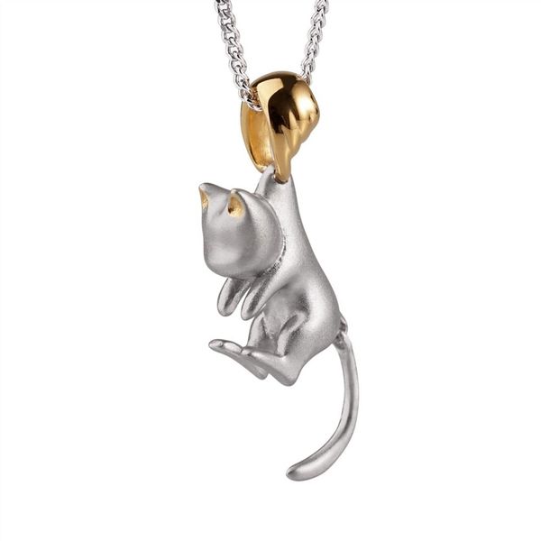 KUNOVO 925 Silver Simple Necklace Funny Cat Shaped Necklace Frost Texture Pendant Necklace Gift