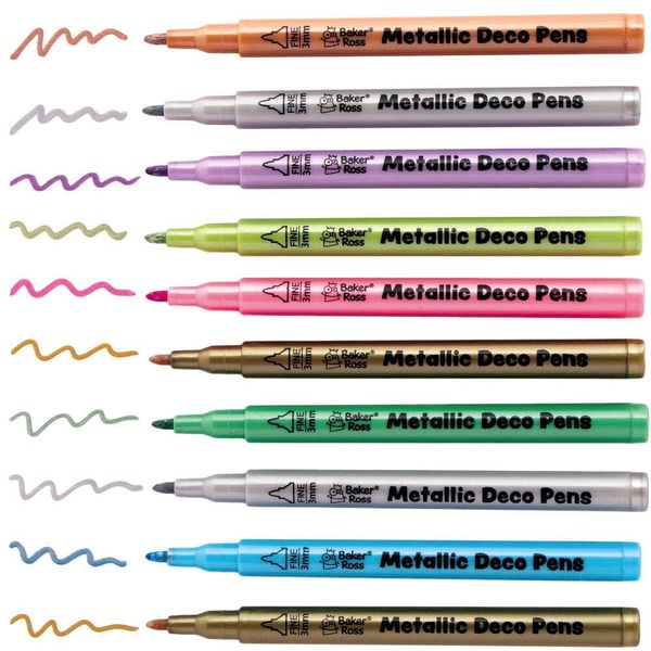 Baker Ross AX379 Multi Purpose Metallic Deco Pens - Pack of 10, For Kids Colouring, Painting Kits and Arts and Crafts Projects