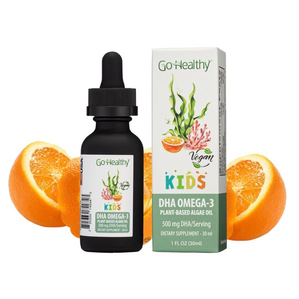 Go Healthy DHA Omega 3 Drops for Kids, Toddlers & Infants - Vegan Fish Oil Alternative Supplement - Just 3 Ingredients, 250 mg-500 mg DHA Per Serving, Organic Orange Flavor, 30-60 Servings