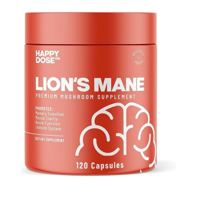 Happy Dose Lion's Mane Mushroom Supplement 120 Capsules Whole Fruiting Body