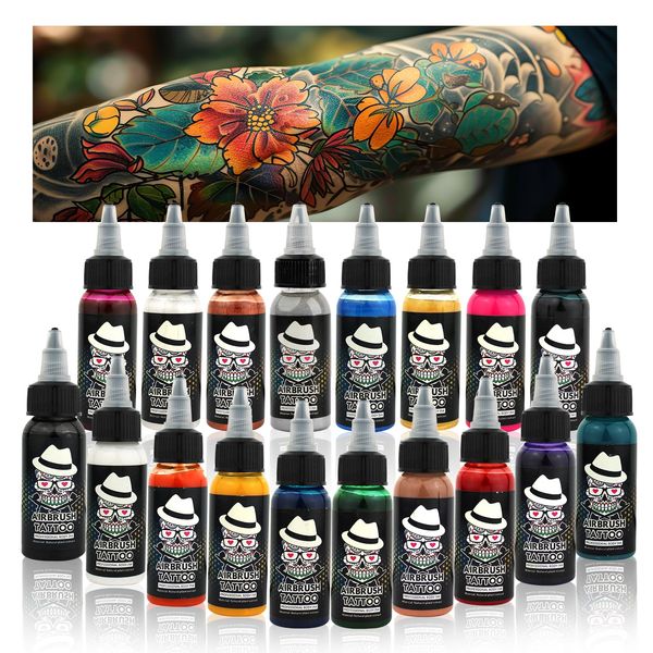 OPHIR 18 Colors Airbrush Temporary Tattoo Ink, Air Brush Body Paint for Face and Body Painting Special Effects Makeup, Water Resistant Airbrush Body Painting Pigment Tattoo, 1.06oz/Bottle