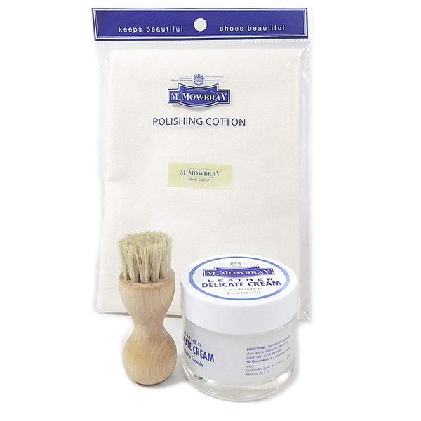 M.MOWBRAY Moisturizes Dry Leather Products! Delicate Cream, Cloth and Brush Set (N123) (Delicate Cream 60ml/Penetrate Brush/Polishing Cotton), white