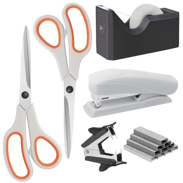 Asdirne Office Supplies Kit, Desk Accessory Set, Including 2 Scissors, 1 Stapler,1000 Pieces 26/6 Staples, 1 Staple Remover, 1 Tape Dispenser and 1 Tape, Perfect Office Partners