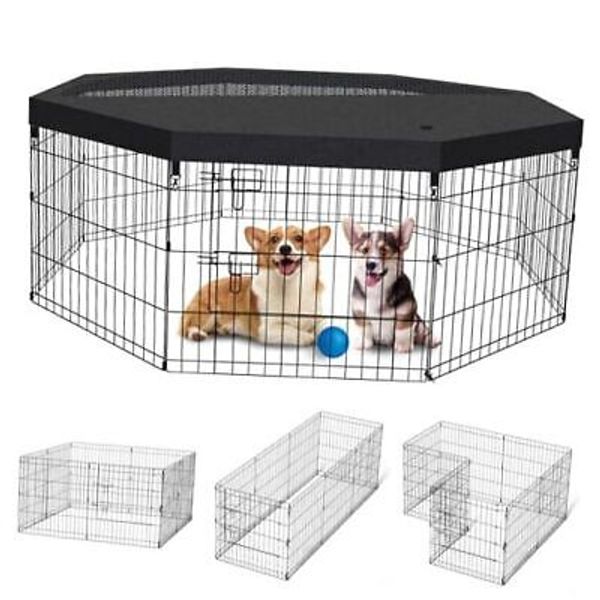 Pet Playpen Puppy Playpen Kennels Dog Fence Exercise Black 24''x24'' Top cover