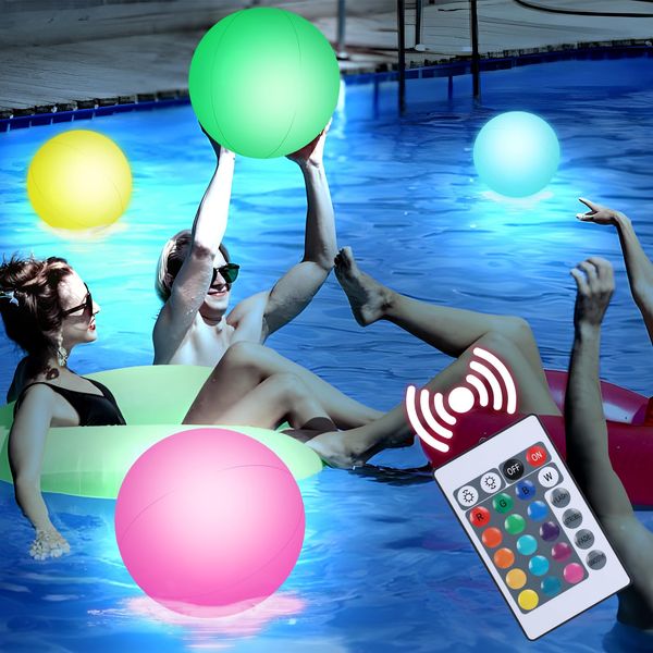 3 otters 3PCS Light Up Beach Balls, 16" Glow Pool Balls with Remote Control LED Beach Ball Inflatable Beach Toy for Kids Summer Parties Pool Decorations