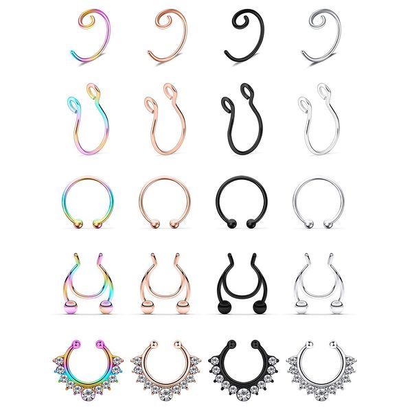 SCERRING Fake Septum Nose Hoop Rings Stainless Steel, Lip, Ear & Nose Ring, Non Piercing Clip On Nose Rings, Body Piercing Jewelry 20PCS Mix Color 1#