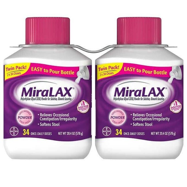 Miralax 2 Bottles, 68  Doses Polyethylene Glycol 3350 Powder * FAST SHIPPING **